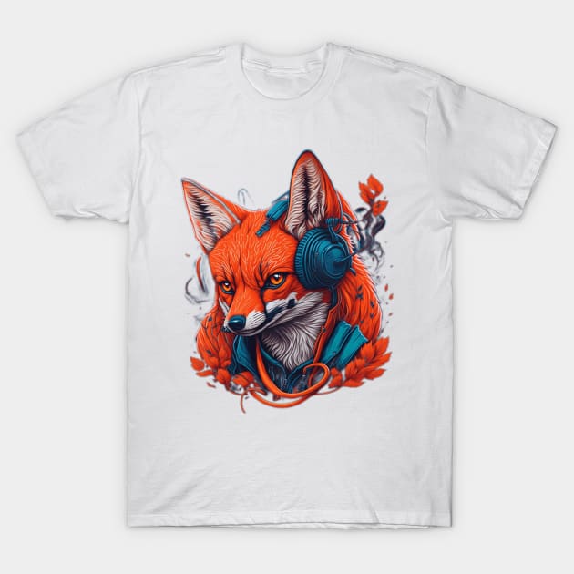 Digital AI Art FOX Animal Wearing Headphones T-Shirt by AubreyButtaApparel